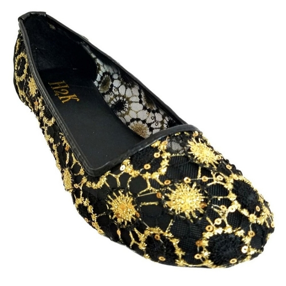 Embroidered Flower Ballet Flats - Black & Gold - Picture 2 of 5